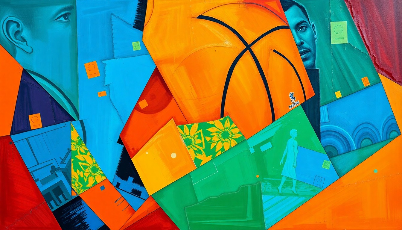 A fractured, cubist-style painting depicting the dynamic movements and energy of a basketball game, with sharp geometric shapes and planes in vibrant colors like blue, orange, and green, conceptually representing the historic nature of Cooper Flagg's rookie season.