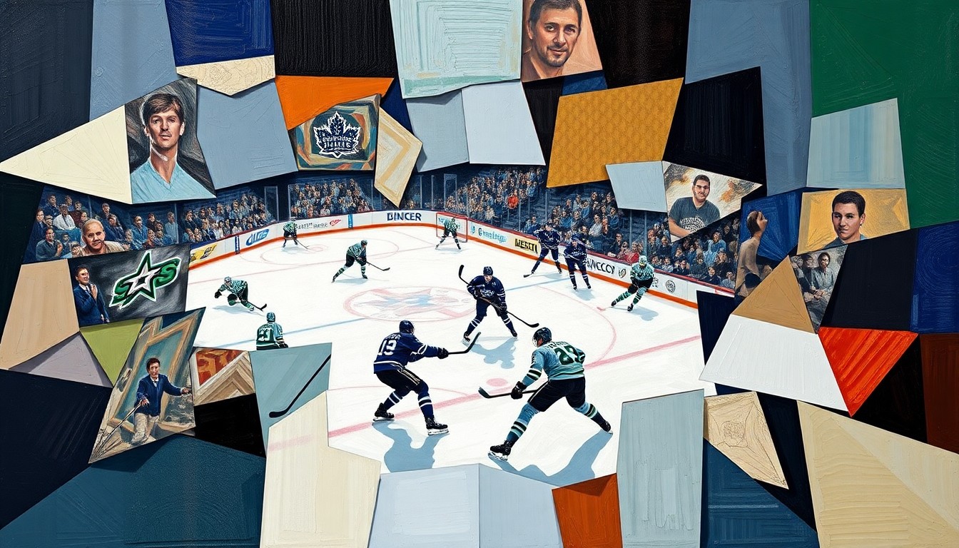 A fractured, multi-perspective painting that breaks down a hockey game between the Dallas Stars and Toronto Maple Leafs into sharp, overlapping geometric planes, capturing the players' movements and the energy of the game through a cubist visual style.