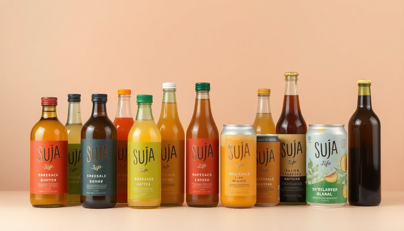 A high-end, photorealistic studio still life featuring an elegant arrangement of glass bottles and aluminum cans in muted earth tones and metallic hues, conceptually representing the diverse portfolio of health-focused beverages produced by Suja Life.