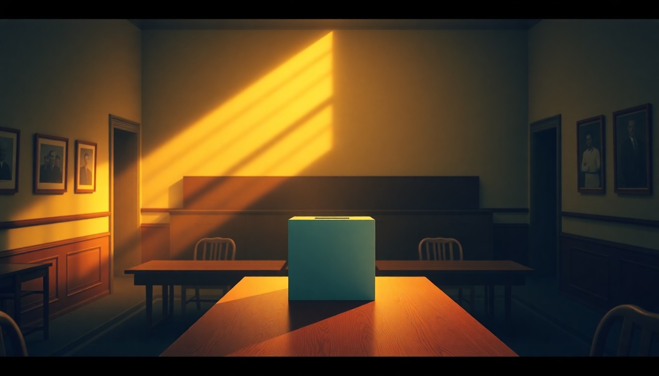 A dimly lit, cinematic painting of a lone ballot box sitting on a wooden table in an empty government office, the scene bathed in warm, diagonal sunlight and deep shadows, conceptually illustrating the behind-the-scenes work required to prepare for an election.