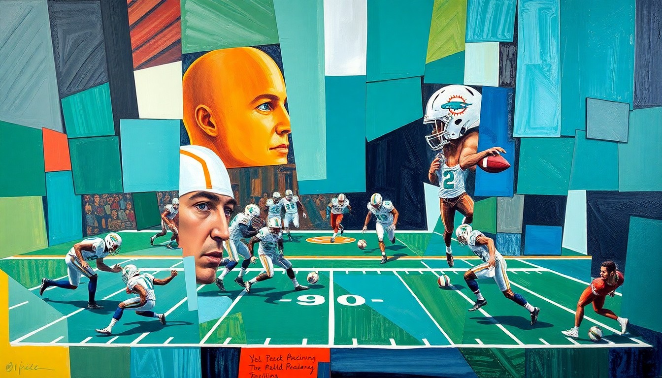 A fractured, multi-perspective painting depicting the elements of an American football field and players broken down into sharp, overlapping geometric planes in a Picasso-esque cubist style, conceptually representing the strategic challenges facing the Dolphins' new GM as he looks to rebuild the team's offense.