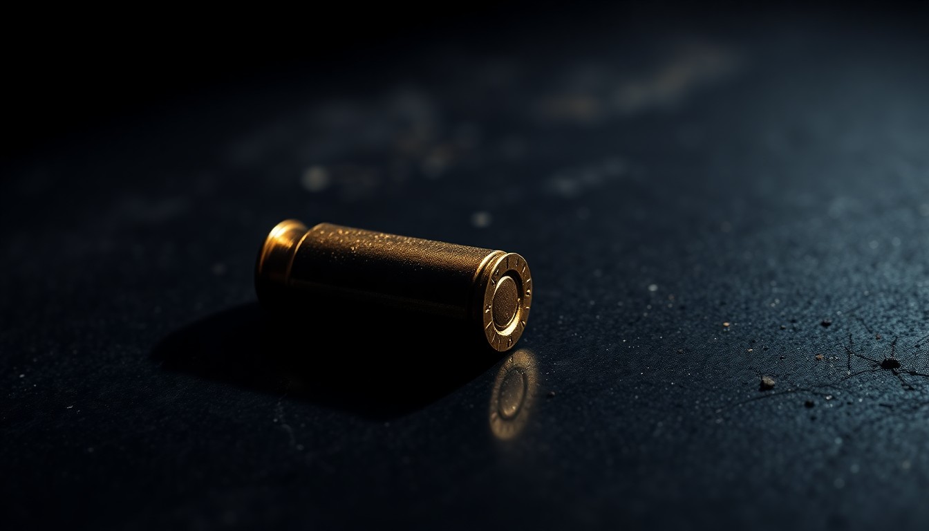 An extreme close-up photograph of a single spent bullet casing on a dark, shadowy surface, lit by a harsh, direct camera flash, conceptually representing the tragic consequences of gun violence.
