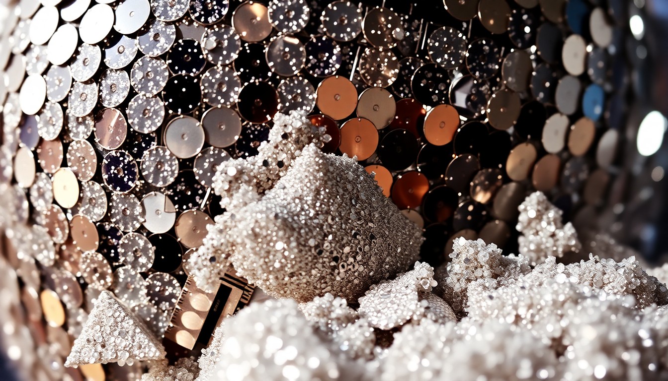 An abstract close-up image featuring a high-contrast, studio-lit texture of sparkling sequins and shattered disco ball fragments, conveying the luxurious and celebrity-driven aesthetic of the Selling the OC reality series.