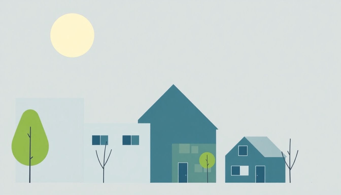 A geometric abstract illustration using clean lines, muted blues, greens, and greys to conceptually represent federal funding for community development and affordable housing initiatives.