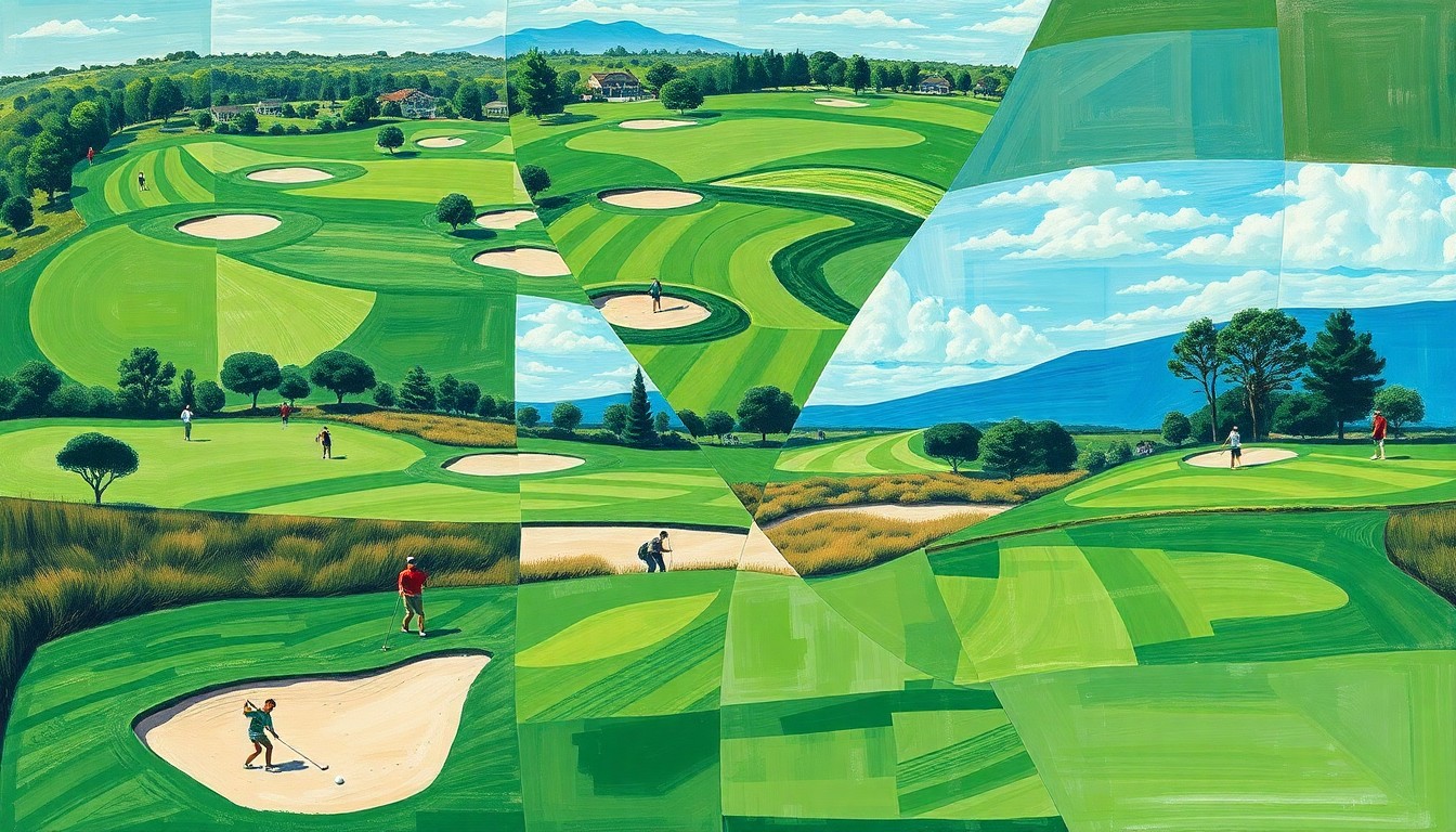 A cubist, geometric painting depicting a high school golf tournament, with overlapping planes of green fairways, sand traps, and golfers in motion, capturing the dynamic energy of the competition.