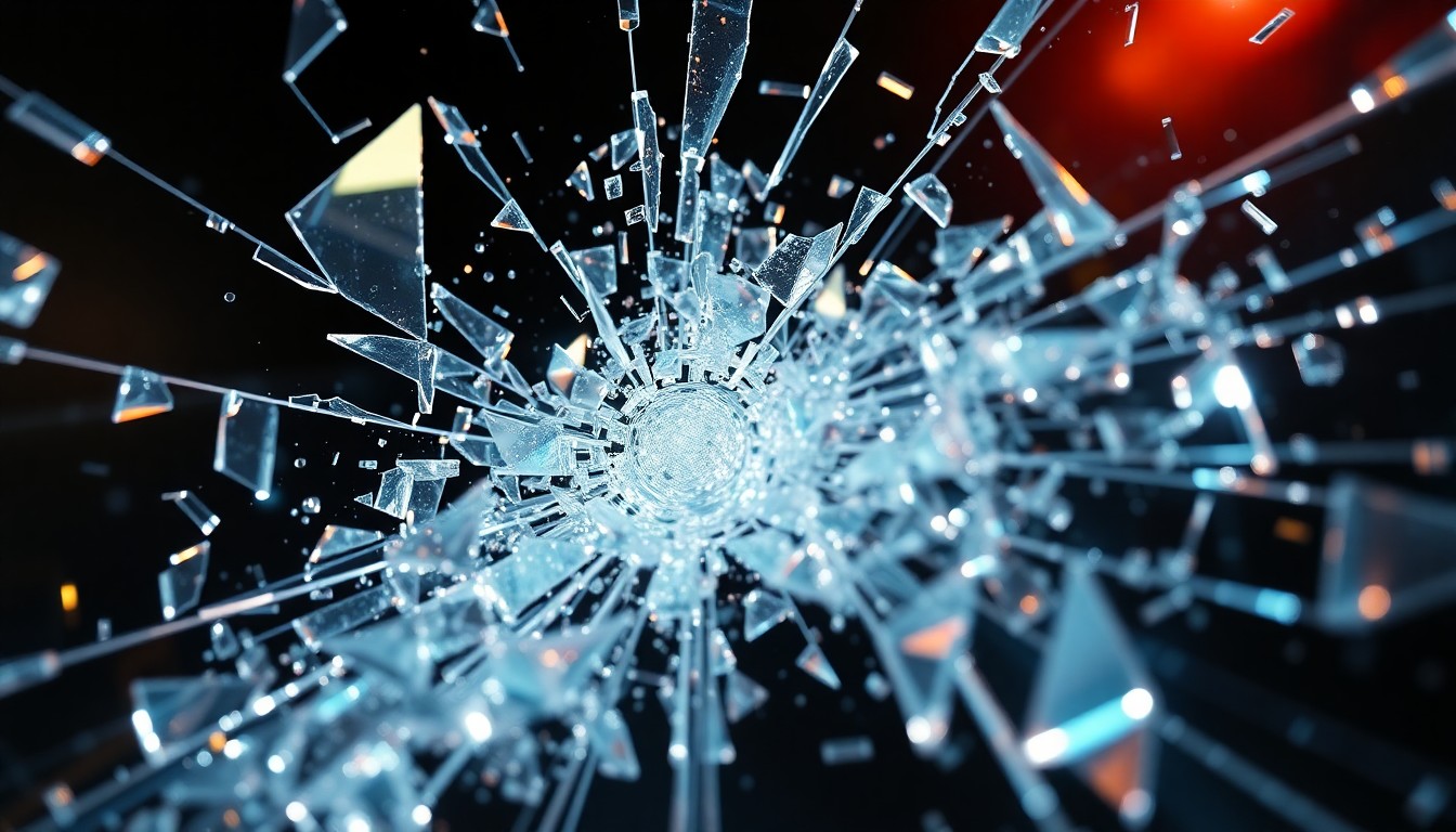 An abstract close-up image featuring shattered glass and reflective chrome surfaces, conveying the intense, visually stunning action of the 'Spider-Verse' films.