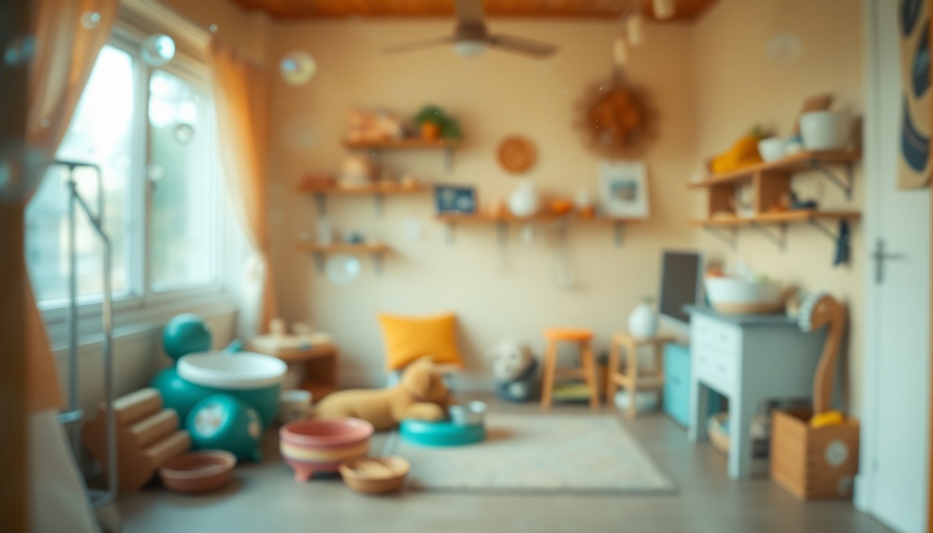 An extremely blurred, impressionistic photograph of a cozy indoor scene with indistinct shapes of pet toys, food bowls, and other domestic animal care items, all bathed in soft, warm-toned light and color.