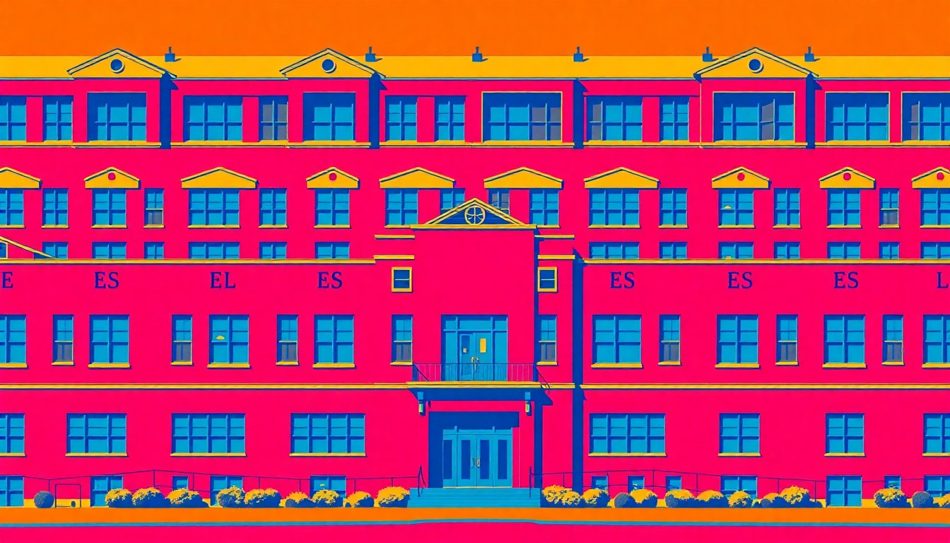 A brightly colored, high-contrast silkscreen print of a single, iconic elementary school building repeated in a tight grid pattern, utilizing flat, vibrant neon color palettes and heavy black photographic outlines to transform the everyday educational institution into a modern pop art piece.