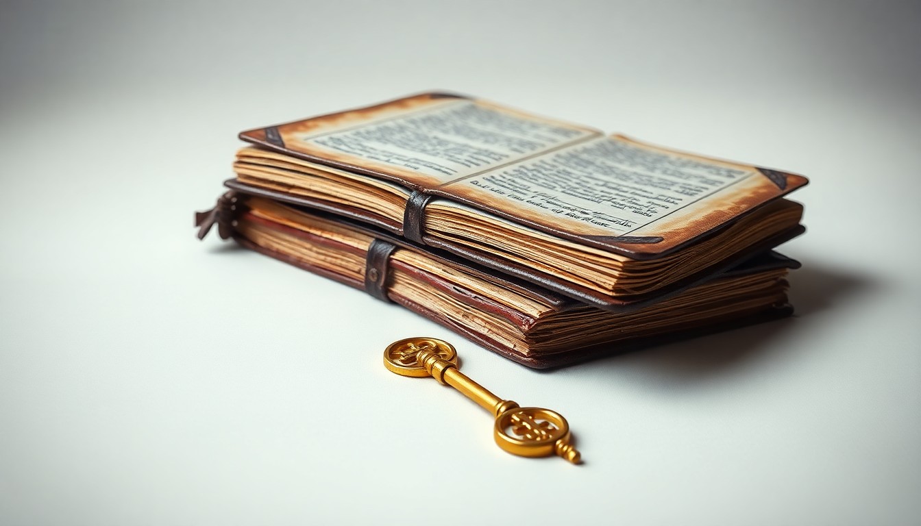 A photorealistic studio still life featuring a stack of old, leather-bound ledgers and a single golden key resting on a clean, monochromatic background, conceptually representing the tension between banking privacy and public accountability.