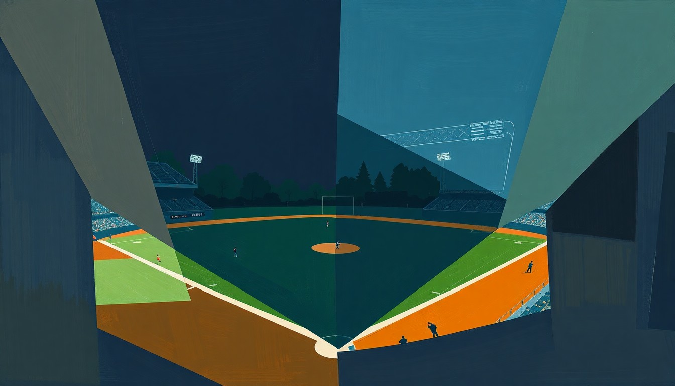 A fractured, multi-perspective painting in a cubist style, breaking down a baseball game into sharp, overlapping geometric planes in muted navy, green, and orange tones, conceptually representing the Astros' recent downturn.
