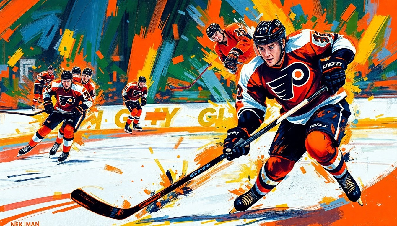 An abstract, expressionist painting featuring dynamic, swirling brushstrokes of orange, black, and neon colors, conveying the raw energy and excitement of the Philadelphia Flyers clinching a playoff berth after years of struggle.