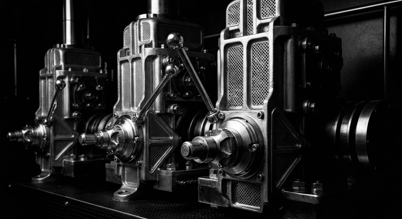 An extreme close-up of a series of gears, levers, and polished metal components, representing the hidden infrastructure and machinery that powers the global financial system.