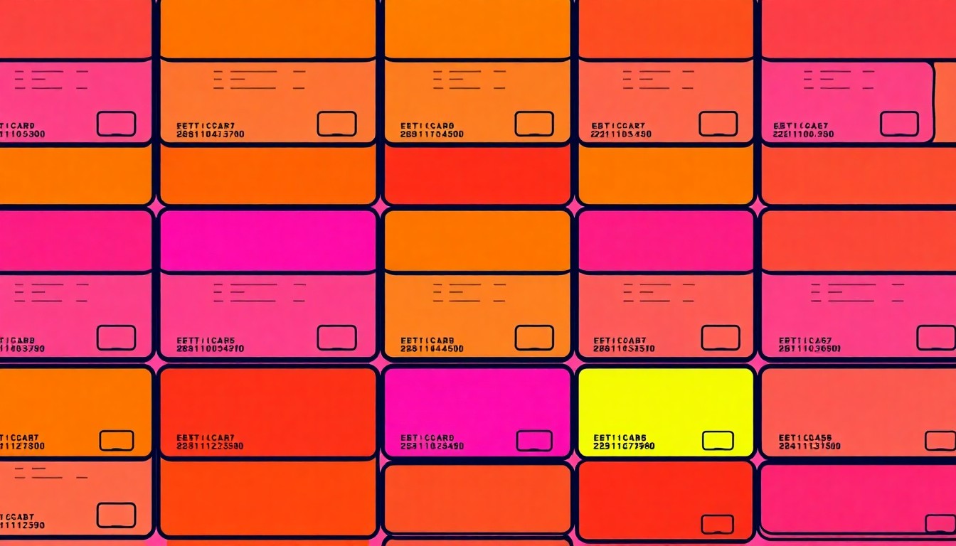 A brightly colored, high-contrast silkscreen print of a single, iconic EBT card icon repeated in a tight grid pattern, capturing the modernization of this vital social service in a pop art style.