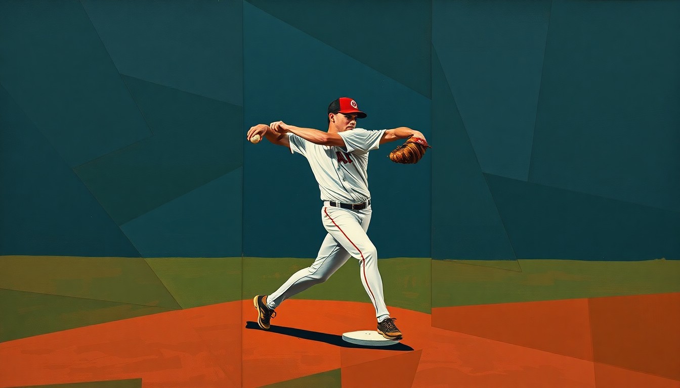 A cubist, geometric painting depicting a baseball pitcher's windup and delivery broken down into overlapping angular planes, using muted navy, green, and orange tones to capture the raw athleticism and technical precision of professional pitching.