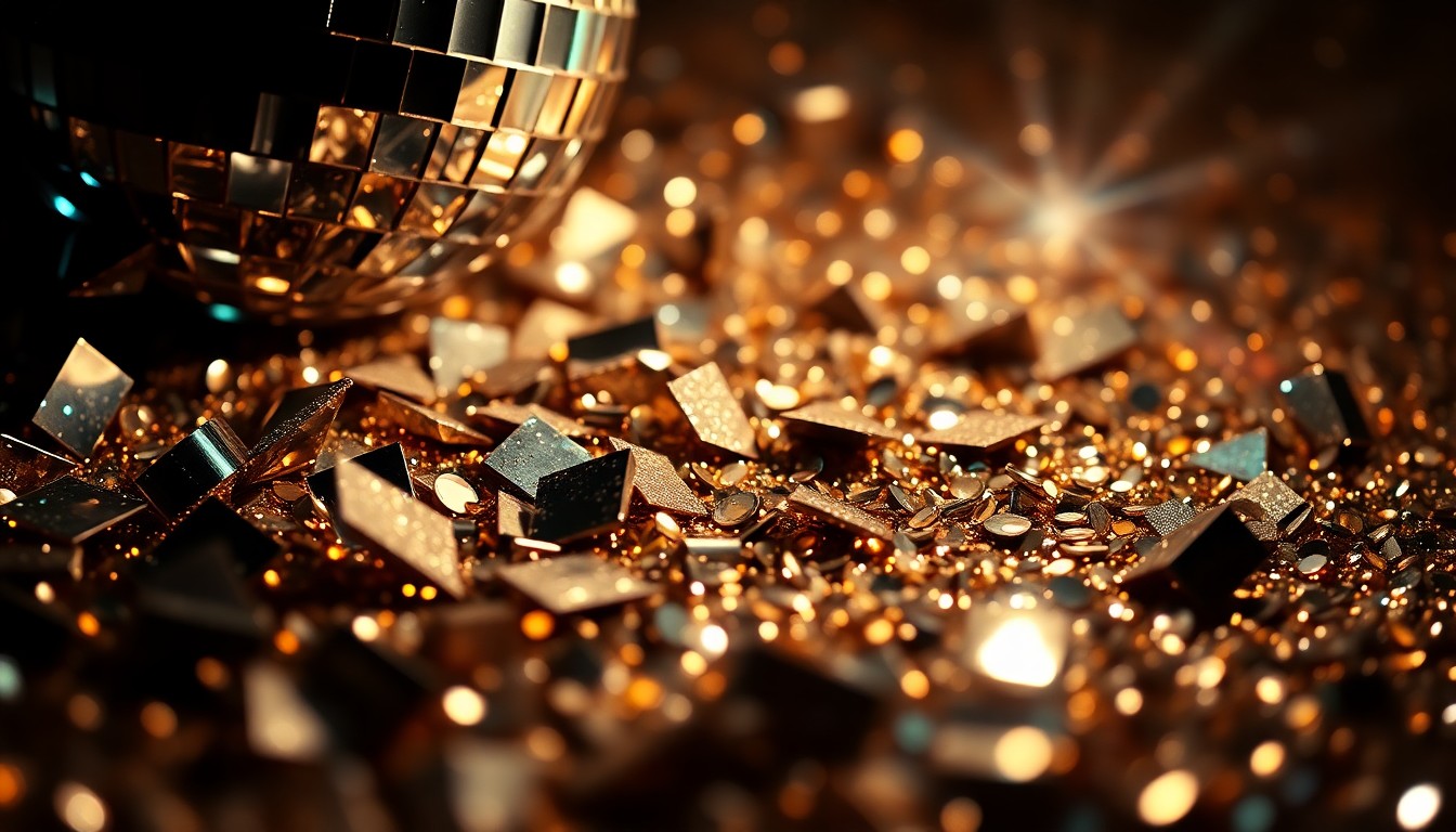 An extreme close-up of sparkling sequins and shattered disco ball fragments, capturing the glamorous aesthetic of a major live comedy event.