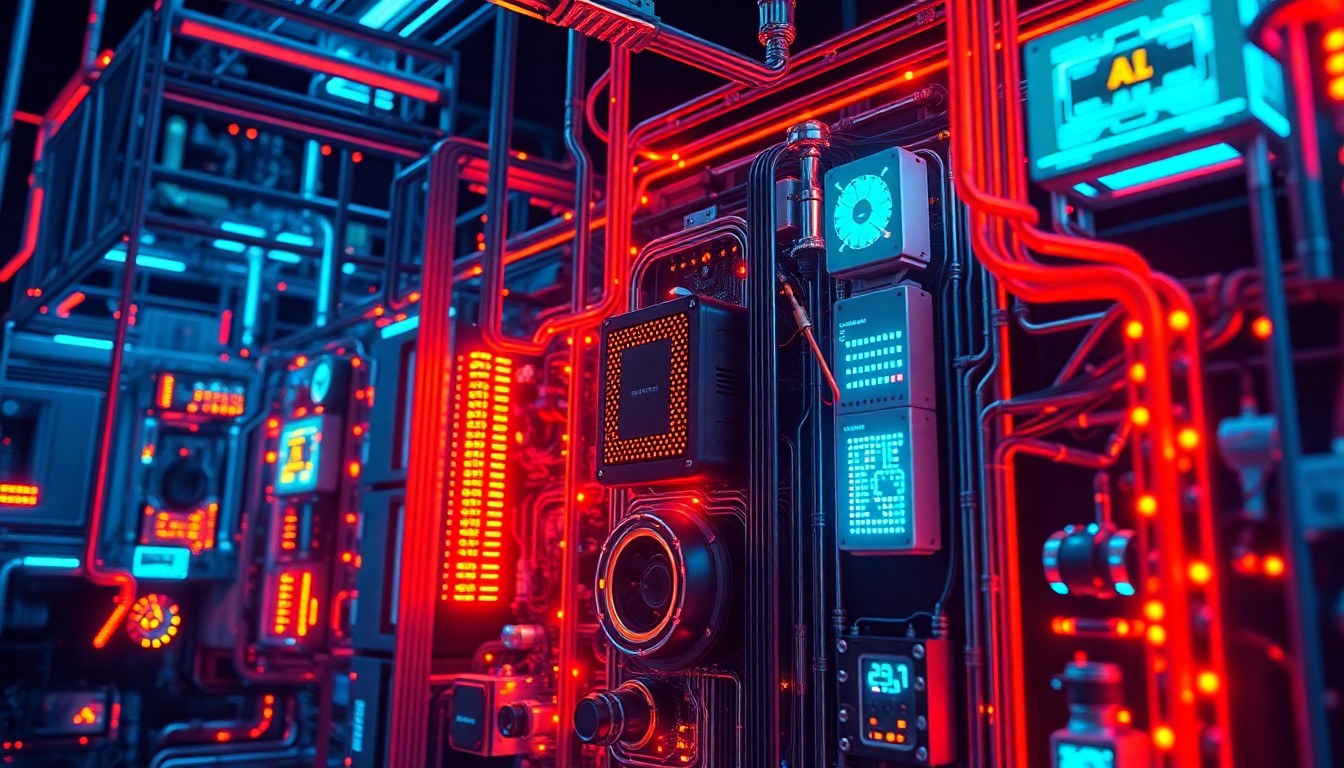 A highly detailed 3D illustration of glowing, neon-lit cybernetic infrastructure and hardware components, representing the complex technical and ethical challenges of developing advanced AI systems.