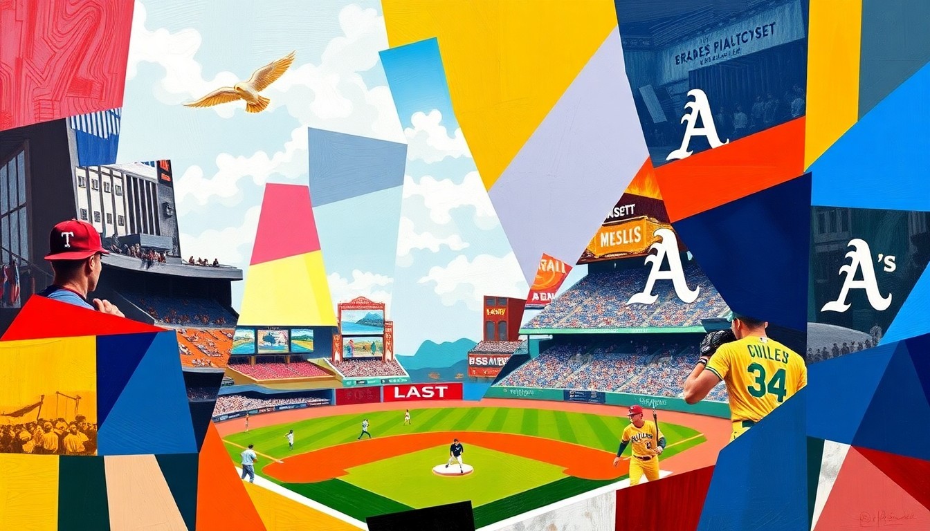 A cubist-style painting featuring overlapping geometric shapes and planes in the colors of the Texas Rangers and Oakland Athletics uniforms, representing the dynamic action of a baseball game between the two teams.
