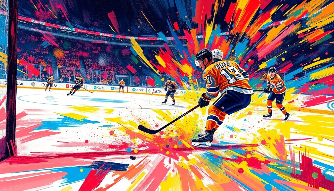 An extreme close-up of Nikita Kucherov's hockey stick making contact with the puck, with the rest of the hockey rink and players dissolving into a vibrant, expressionist blur of neon colors and rapid brushstrokes, capturing the raw energy and excitement of the game-winning overtime goal.