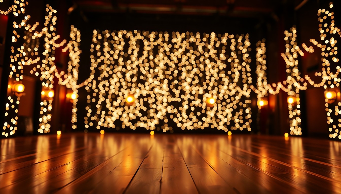 An extreme close-up photograph of sparkling stage lights reflecting off a smooth, dark wooden surface, creating a high-contrast, abstract image that evokes the glamour and excitement of live theater.