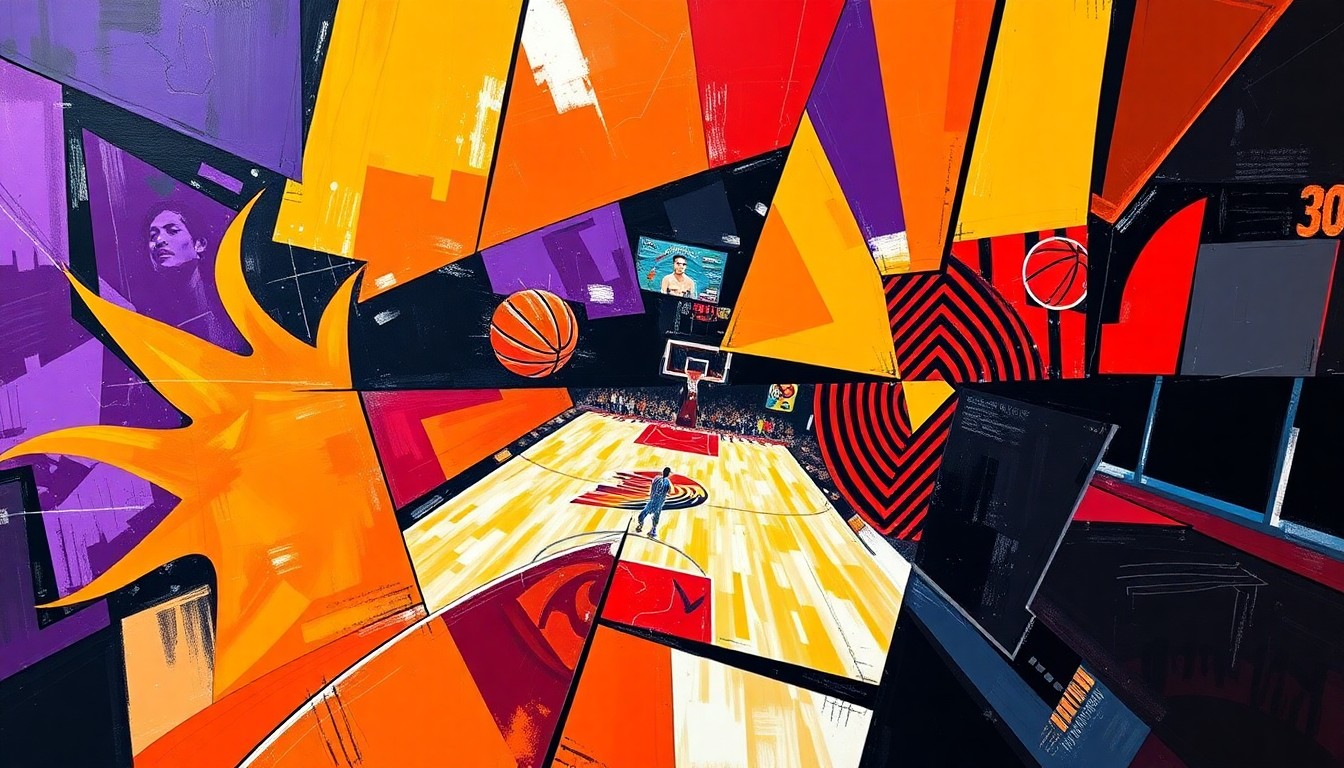 An abstract, cubist-style painting depicting a basketball game between the Phoenix Suns and Portland Trail Blazers, with the players and court broken down into sharp, overlapping geometric shapes and planes of vibrant orange, purple, red, and black colors.