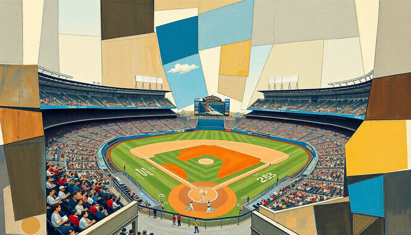 A fragmented, geometric painting depicting a college baseball game, with sharp planes of muted earth tones and blues overlapping to create a sense of motion and energy on the field.