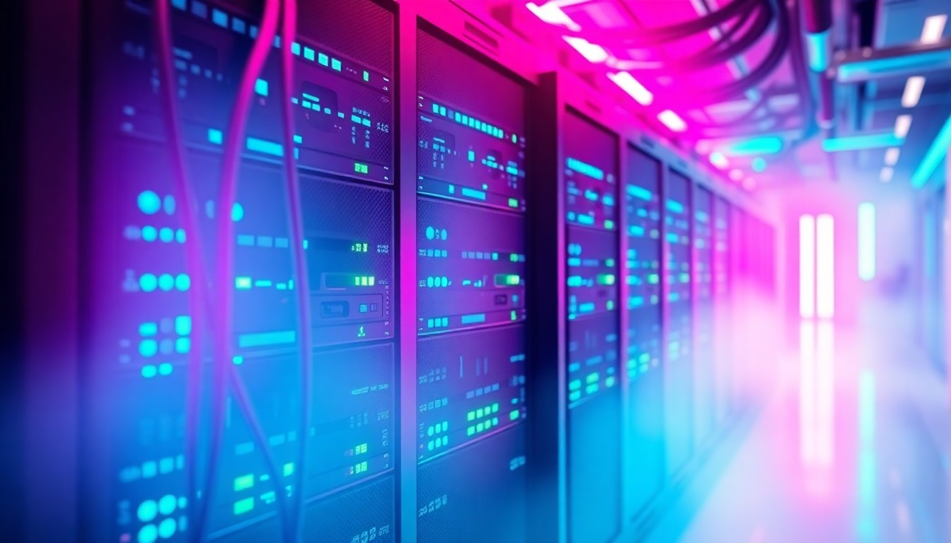 A highly detailed, glowing 3D macro illustration of a data center server rack and cables, surrounded by a hazy, neon-lit environment. The server hardware is illuminated by pulsing cyan and magenta lights, representing the digital infrastructure at the heart of the community conflict.