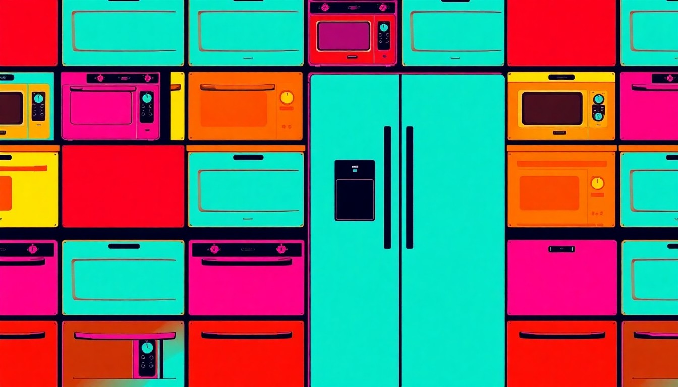 A heavily textured, brightly colored silkscreen print of a modern kitchen stove repeated in a grid pattern, conceptually representing the high-end lifestyle amenities of the Lakewood Hills home.