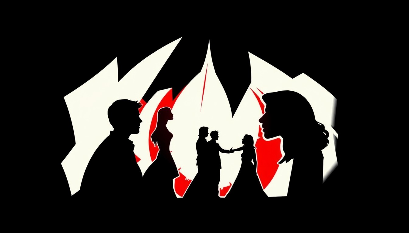 A striking abstract composition featuring bold, jagged geometric shapes in high-contrast red and black, conceptually representing the dramatic conflict and tension between the characters in The Young and the Restless.