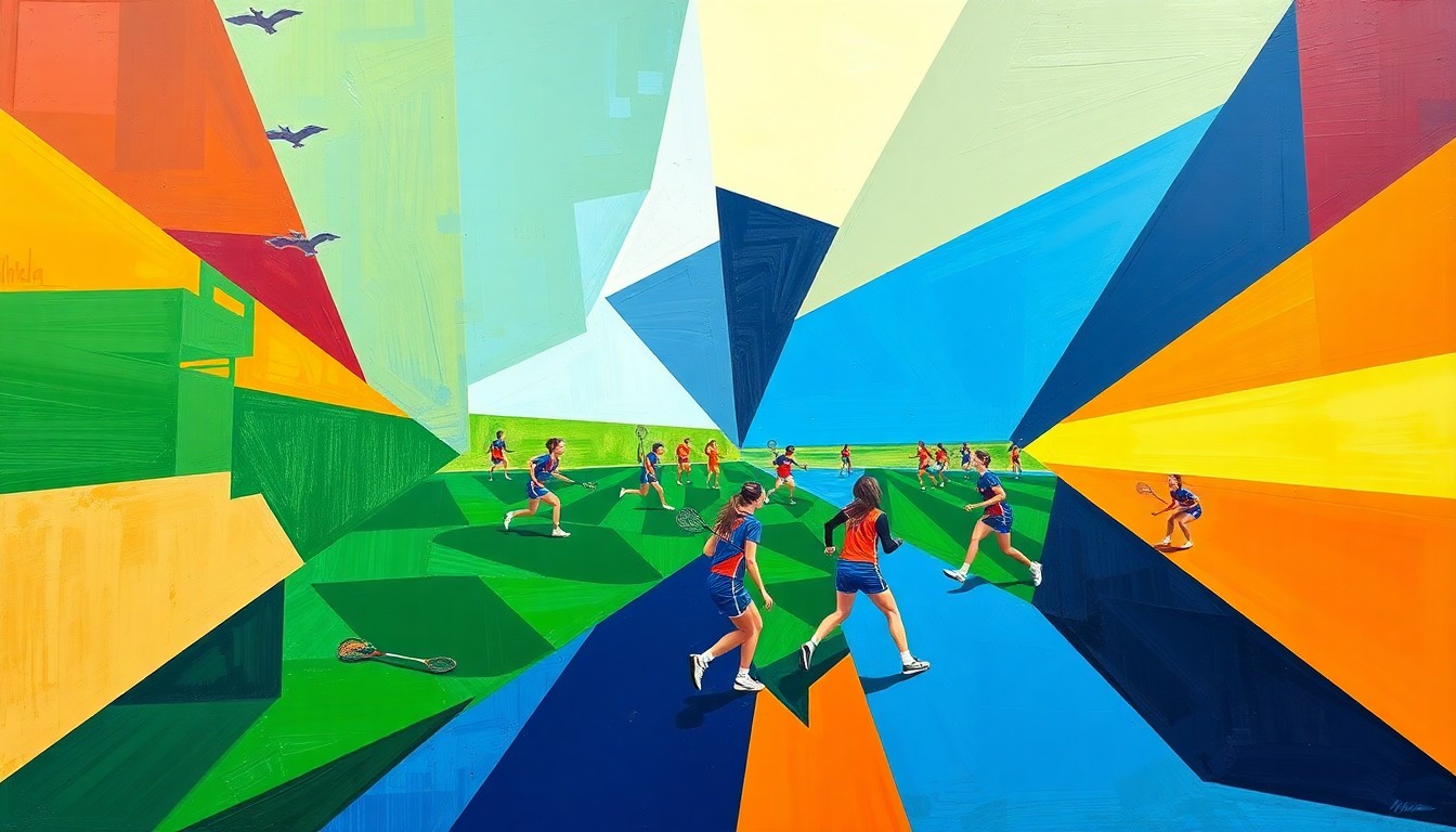 A fragmented, geometric painting in bold colors depicting the fluid motions and competitive spirit of a girls lacrosse game.