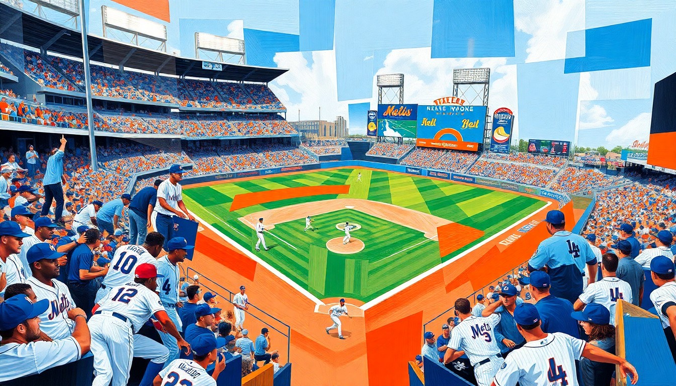 A fractured, multi-perspective painting in bold, geometric shapes and vibrant colors, representing the action and drama of a baseball game between the New York Mets and Los Angeles Dodgers.