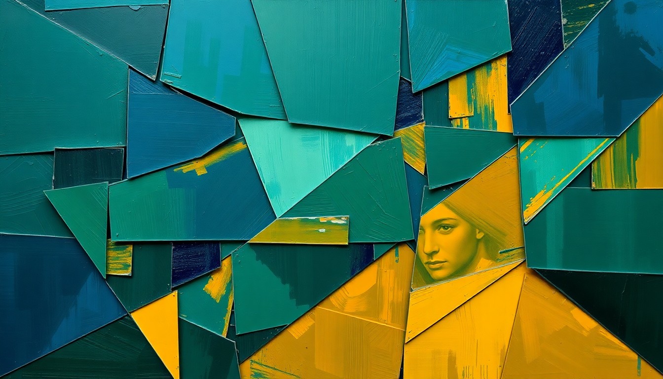 A fragmented, cubist-style painting depicting the interface of a sports betting app, with sharp geometric shapes in navy, green, and gold overlapping to create a dynamic, abstract composition.