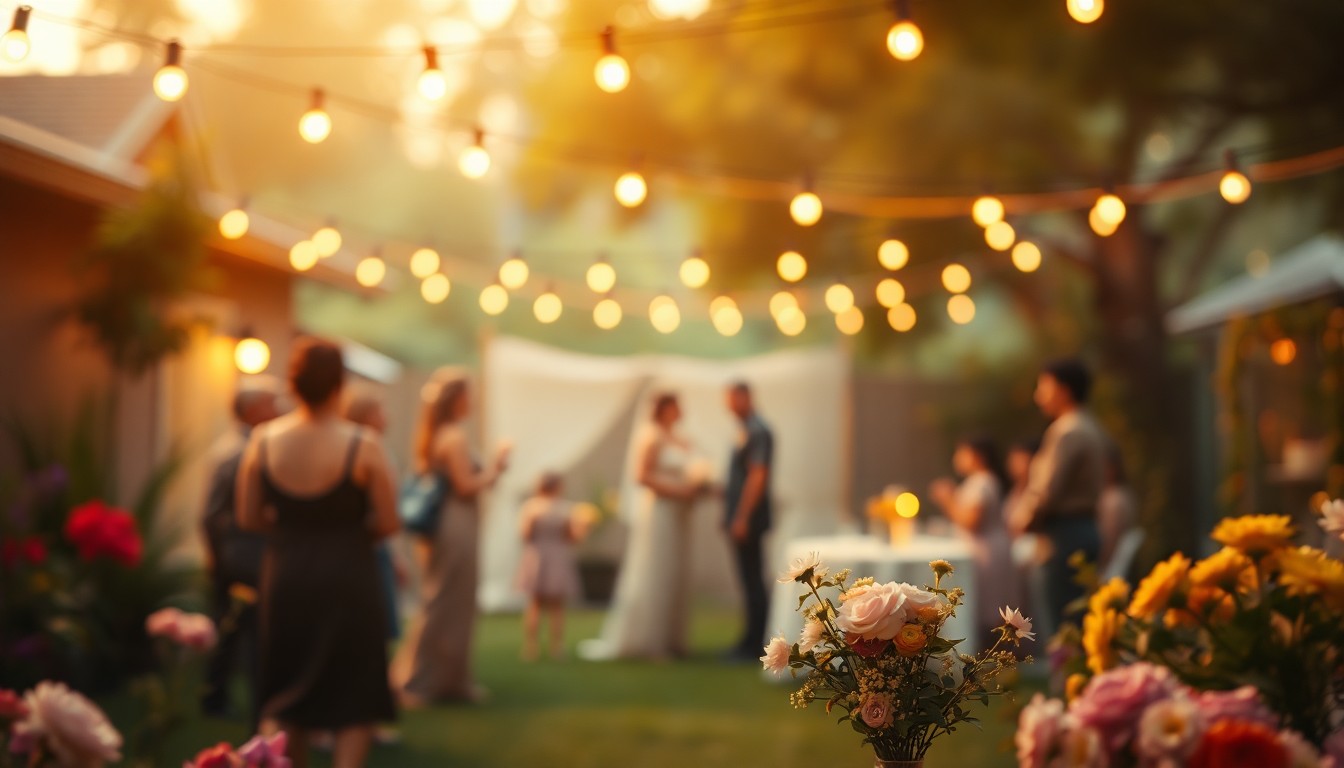 A dreamy, abstract photograph in soft, warm tones depicting a blurred backyard scene with figures, flowers, and string lights, capturing the intimate, celebratory mood of a community-driven wedding.