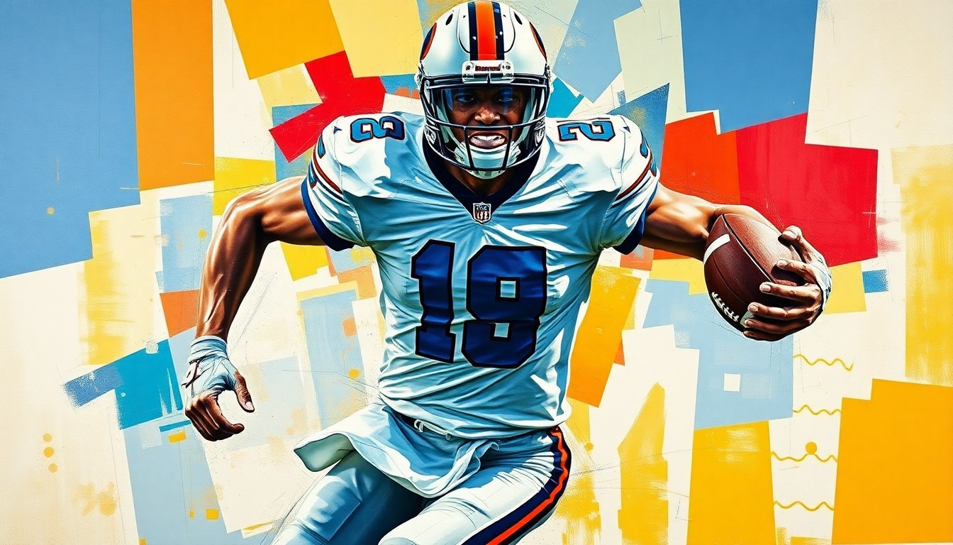 A fragmented, cubist-style painting depicting a college football player in mid-motion, their jersey number and team colors only partially visible through the overlapping geometric planes.