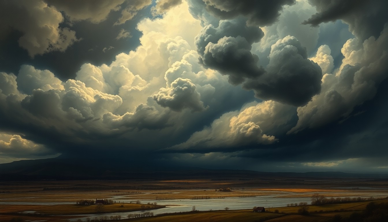 A vast, atmospheric landscape painting depicting a stormy, turbulent sky filled with heavy, ominous clouds casting a dramatic, moody light over a flooded, low-lying rural area, conveying the overwhelming, sublime power of nature.