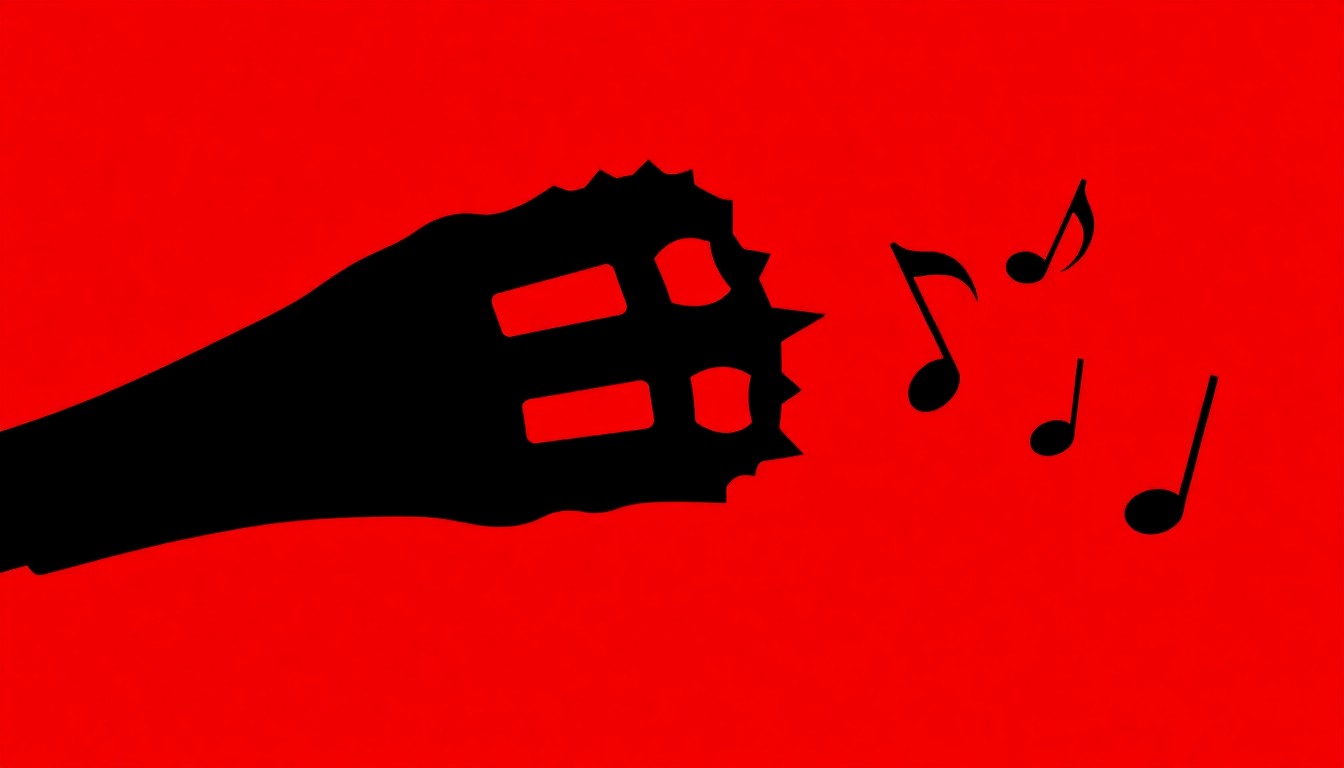 A striking abstract illustration featuring sharp, angular black shapes representing a microphone and musical notes against a bold red background, capturing the energy and excitement of a musical performance.