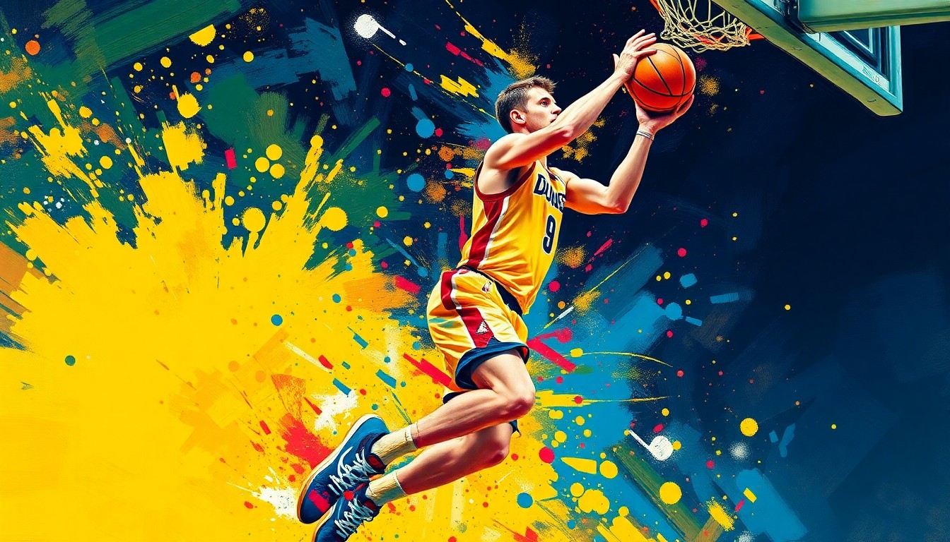 An abstract, energetic painting featuring bold, neon-colored brushstrokes that convey the dynamic movement and raw athleticism of a basketball player driving to the hoop, their features and details obscured in the expressionistic style.