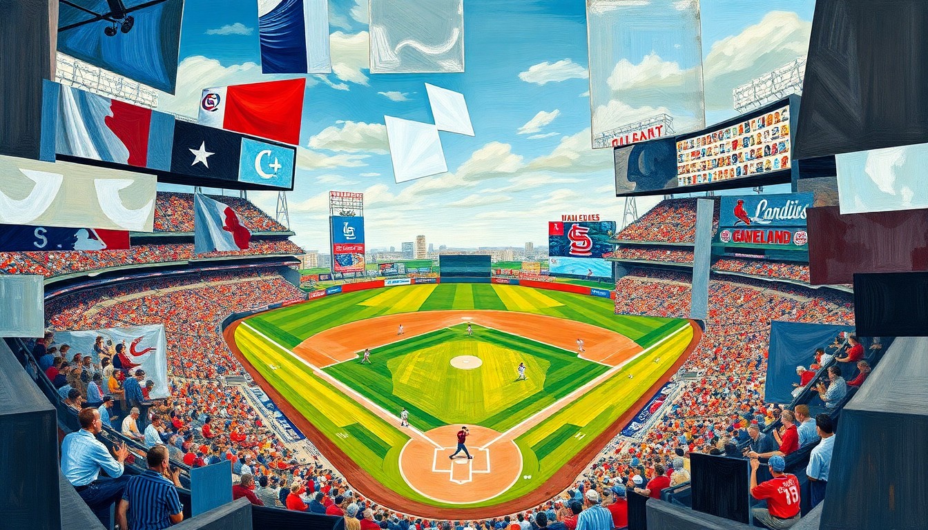 A fractured, geometric painting depicting a baseball game in motion, with players and the field broken down into overlapping planes of color and shape, capturing the energy and dynamism of the sport.