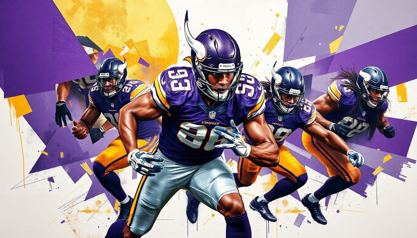 A fragmented, geometric painting depicting an anonymous Vikings edge rusher in the midst of a powerful pass rush, with sharp, overlapping planes of deep purple, gold, and steel grey conveying the intensity of the action.