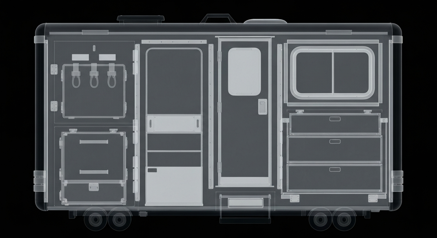 A ghostly, translucent X-ray image revealing the internal components of a portable first aid kit or mobile medical unit, conceptually representing the temporary pop-up clinics set up to serve the NFL Draft crowds in Pittsburgh.