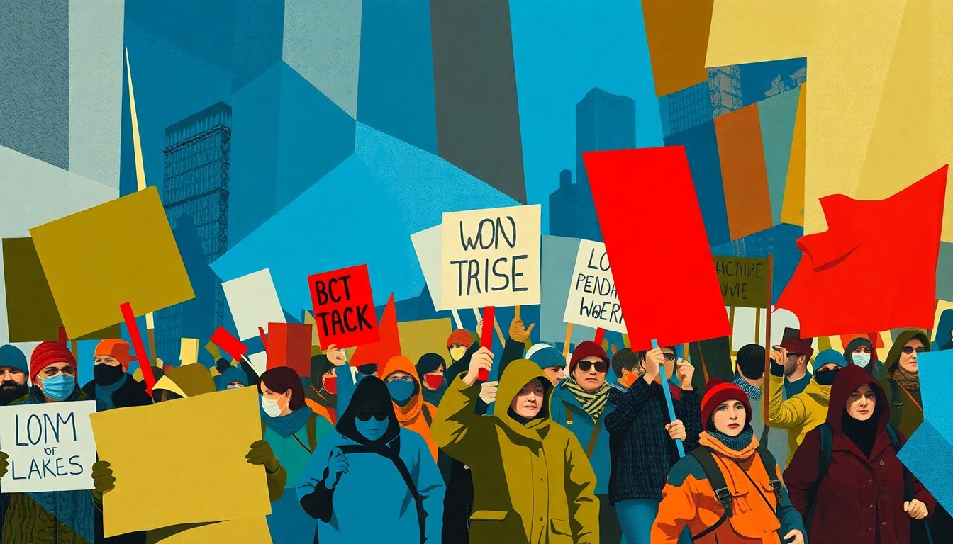 A vibrant, abstract painting of overlapping geometric shapes and brushstrokes in shades of blue, red, and green, conveying the energy and urgency of a political protest.