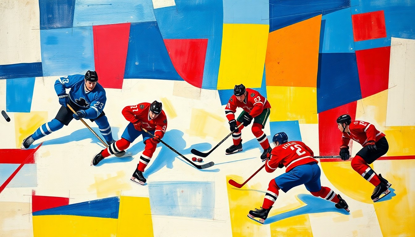 A fragmented, geometric painting depicting the dynamic movements and collisions of a hockey game, with players' bodies and equipment broken down into sharp, overlapping planes of vibrant blue, red, and yellow.