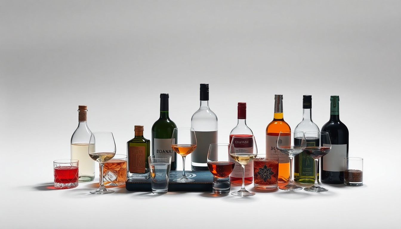 A high-end, photorealistic studio still-life photograph featuring a collection of premium glassware, bottles, and other elegant objects arranged elegantly on a clean, monochromatic background, conveying a sense of sophistication, strategy, and market insight for the alcoholic beverage industry.