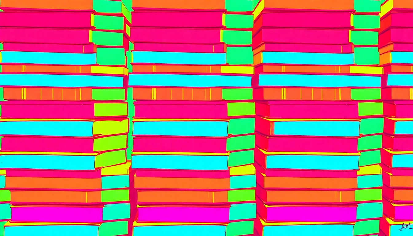 A vibrant, high-contrast silkscreen print of a stack of school books repeated in a grid pattern, conceptually representing the debate over school closures in Cedar Rapids.