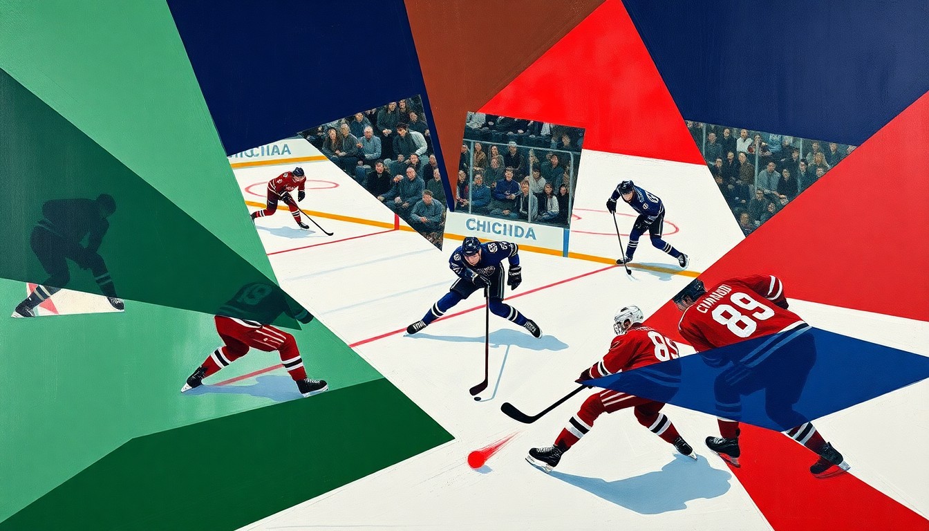 A cubist, geometric painting depicting a hockey game in progress, with the players and puck represented through sharp, overlapping shapes in a palette of navy, green, and red.
