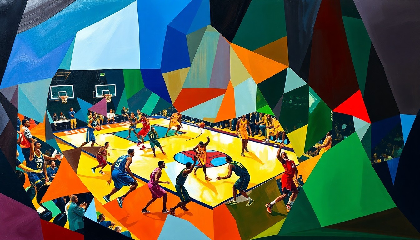 A fragmented, abstract painting depicting a Utah Jazz basketball game, with the players' forms broken down into sharp, overlapping geometric shapes in a vibrant color palette, conveying the energy and intensity of the sport.