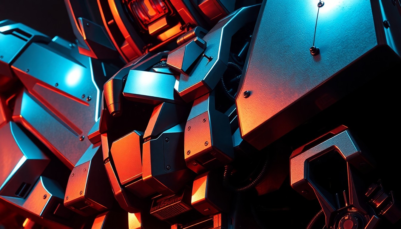 An abstract close-up photograph of gleaming, futuristic metal textures in high-contrast lighting, conceptually representing the grand visual scale of the upcoming Grandgear film.