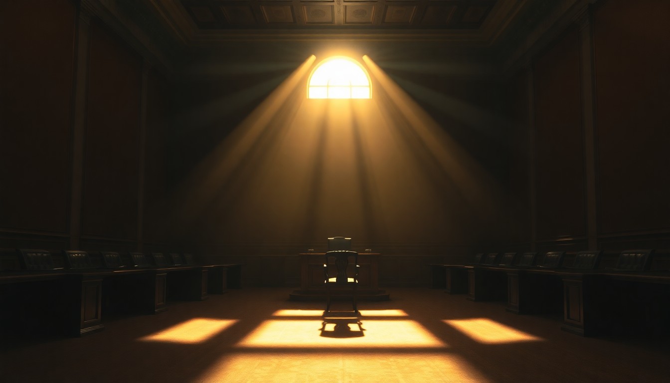 A quiet, cinematic painting of an empty congressional hearing room, with a single chair and desk bathed in warm, diagonal sunlight and deep shadows, conveying a sense of solemnity and unease around the allegations of misconduct.