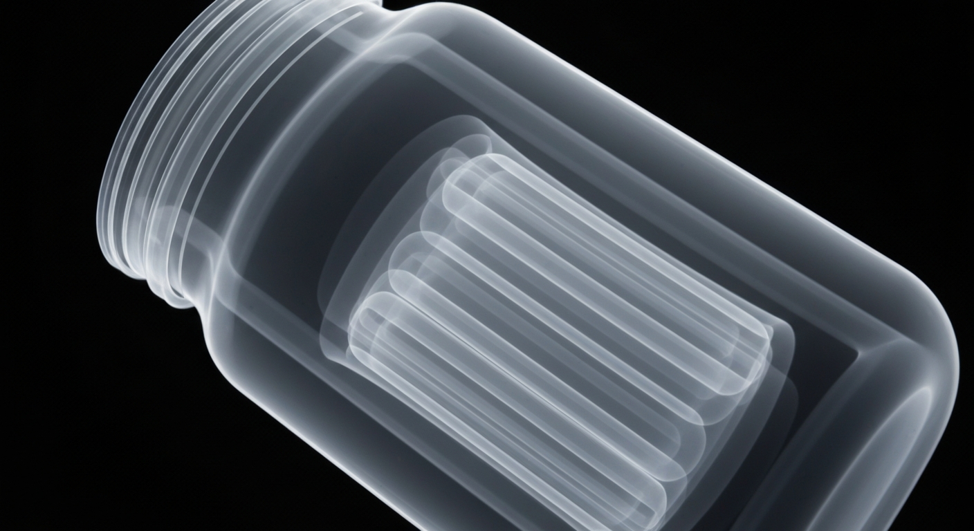 An extreme close-up X-ray photograph revealing the internal structure of a telehealth medication bottle or supplement container, conceptually illustrating the importance of reliable delivery in the telehealth industry.