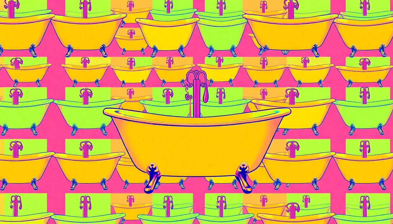 A highly stylized, abstract grid of brightly colored, silkscreen-printed freestanding bathtubs, conceptually representing the modern, high-end bathroom design trends emerging in Decatur, Georgia.