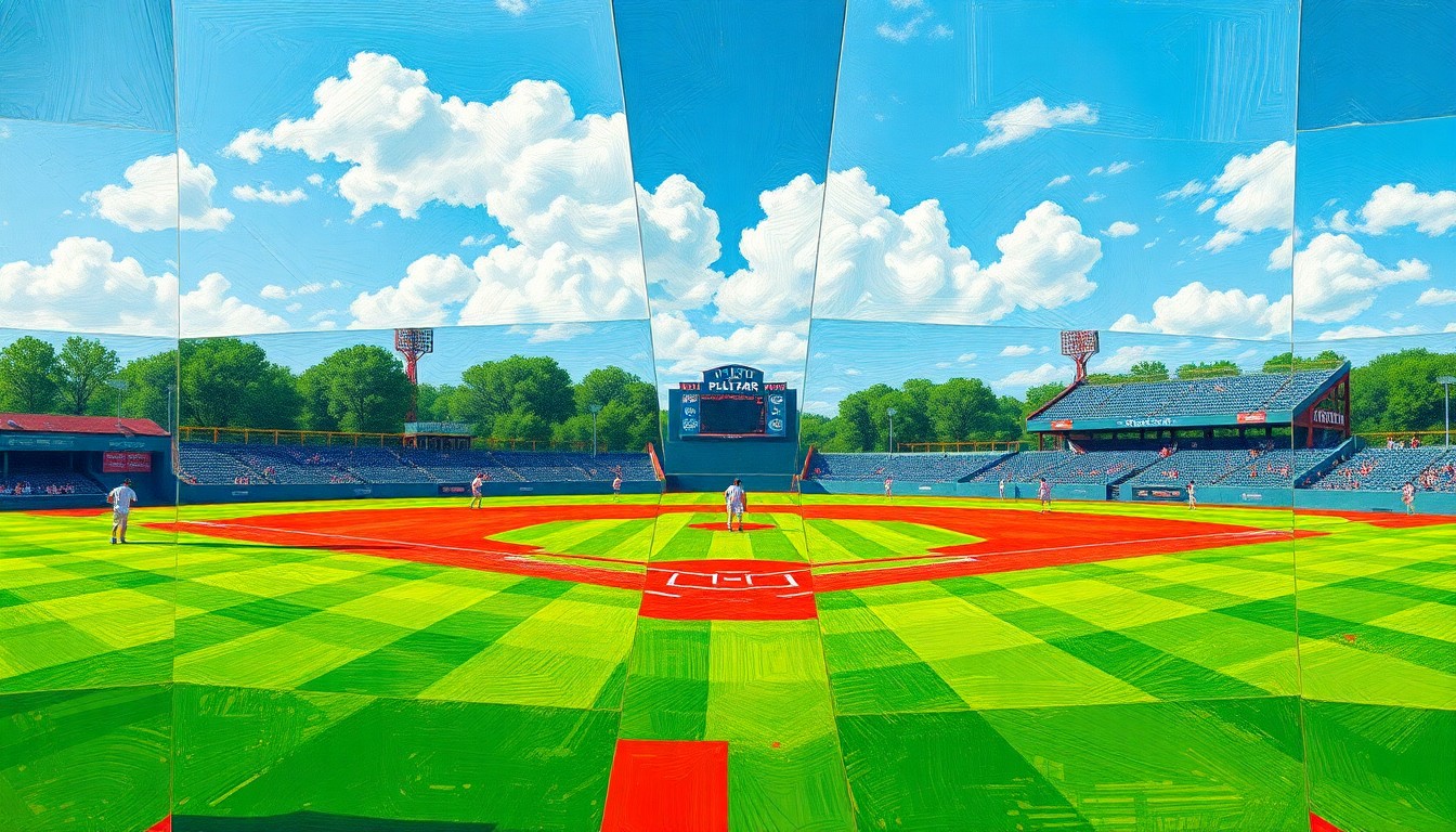 A cubist, geometric painting depicting a high school baseball game at Polar Park, with the field and players broken down into overlapping planes of vibrant colors and shapes.